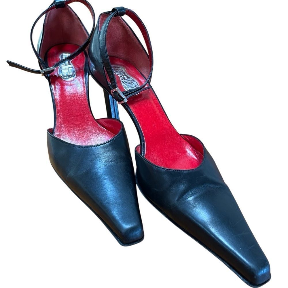 Free Lance Paris Black Leather Heels Ankle Strap Long Snip Toe EU 37 US 7